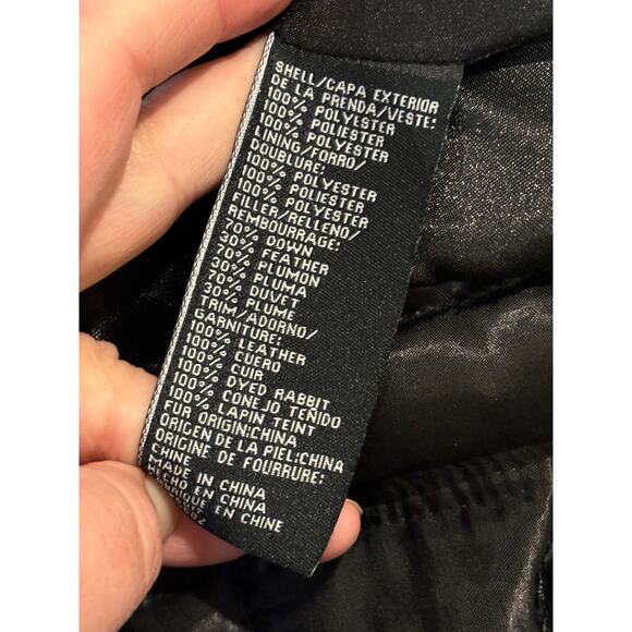 BEBE Jacket Down Fill Genuine Rabbit Fur Collar Leather Trim Womens Small Black - Picture 5 of 5